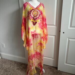 Stunning Silk Women’s Tie Dye Multicolor Kaftan Boho Ethereal Coverup OS